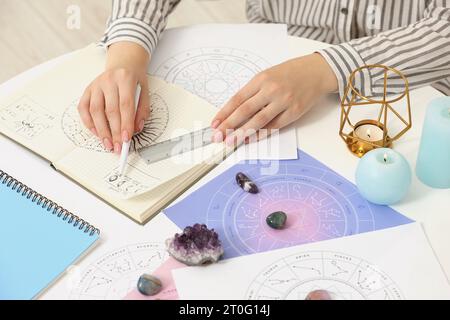 Astrologue utilisant la roue du zodiaque pour la prévision de destin à table, closeup. Dire la fortune Banque D'Images