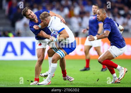 Damian Penaud #14 de France, Lorenzo Cannone #8 d'Italie et Gael Fickou #13 de France lors de la coupe du monde de Rugby Pool Un match entre la France et l'Italie au Stade de Lyon le 06 octobre 2023 à Lyon, France. Photo Baptiste Paquot/ABACAPRESS.COM crédit : Abaca Press/Alamy Live News Banque D'Images