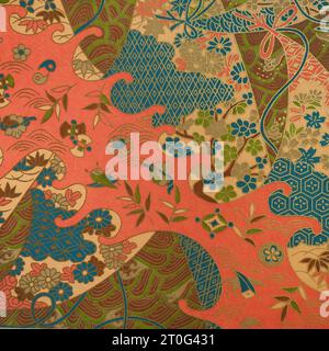 Motifs japonais traditionnels avec des plantes et des vagues Banque D'Images