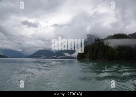 La forêt tropicale luxuriante couvre les eaux calmes de Knight Inlet, sur la côte continentale du Canada de la Colombie-Britannique. Banque D'Images