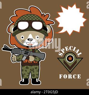 Lion drôle en uniforme de soldat avec fusil, élément militaire, illustration de dessin animé vectoriel Illustration de Vecteur