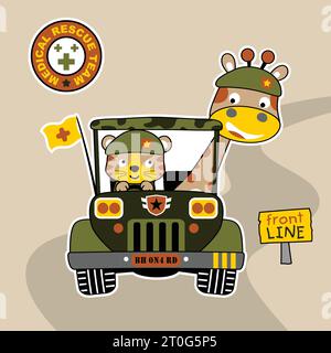 Girafe mignon et tigre portant la casquette de soldats sur la voiture militaire, illustration de dessin animé vectoriel Illustration de Vecteur