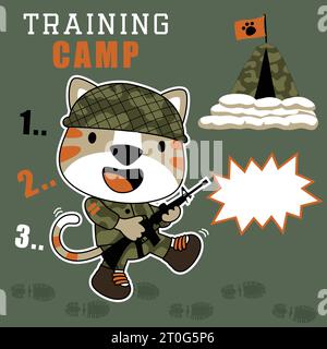 Tigre mignon en costume de soldat tenant le fusil sur le camp d'entraînement militaire, illustration de dessin animé vectoriel Illustration de Vecteur