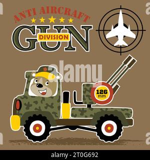 Soldat ours mignon conduisant un véhicule blindé avec pistolet anti air, illustration de dessin animé vectoriel Illustration de Vecteur