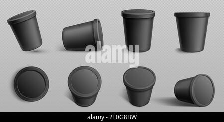 Récipients alimentaires noirs réalistes placés isolés sur fond transparent. Illustration vectorielle de crème glacée 3D ou maquette de seau de yaourt avec surface vierge Illustration de Vecteur