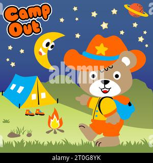 Ours mignon en uniforme de scout dans le terrain de camping la nuit, illustration de dessin animé vectoriel Illustration de Vecteur