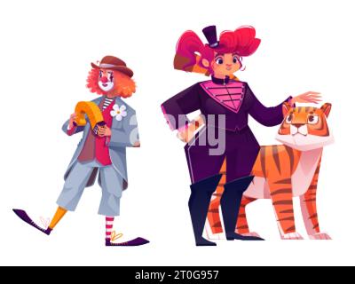 Clown mâle et tamer animal femelle isolé sur fond blanc. Illustration de dessin animé vectoriel de comédien de cirque jouant de l'accordéon, femme en costume an Illustration de Vecteur