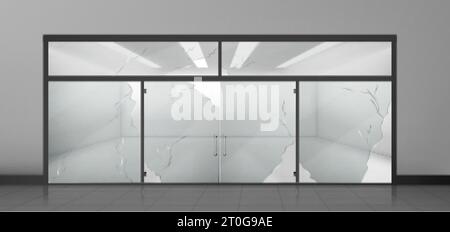 Entrée en verre cassée du magasin ou du musée. Grande porte fermée transparente et vitrine avec trous et fissures. Maquette réaliste de l'entrée principale avec windo Illustration de Vecteur