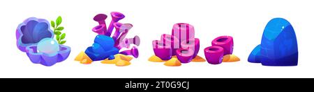 Usine d'algues spongieuses et perle dans l'ensemble d'illustration vectorielle de coquille. Icône de bande dessinée isolée de Weed sous-marine sur fond blanc. flore sous-marine des fonds profonds Illustration de Vecteur