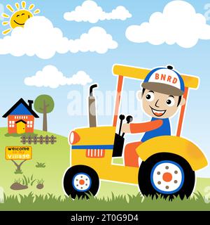 Jeune agriculteur sur tracteur dans le champ agricole, illustration de dessin animé vectoriel Illustration de Vecteur