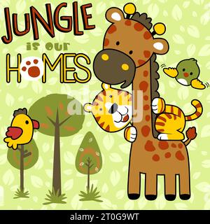Mignon tigre chevauchant sur girafe avec des oiseaux dans la forêt, illustration de dessin animé vectoriel Illustration de Vecteur