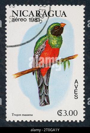 Le trogon à queue ardoise (Trogon massena). Série oiseaux. Timbre-poste émis au Nicaragua en 1981. Banque D'Images