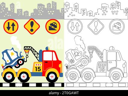 Remorquage de camion remorquant la voiture d'épave, panneau de route sur le fond des bâtiments, illustration de dessin animé vectoriel, livre de coloriage ou page Illustration de Vecteur