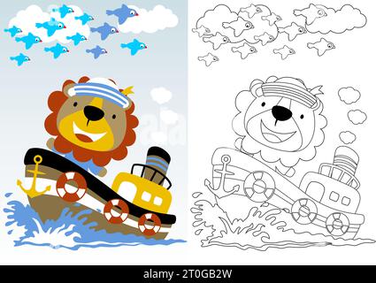 Mignon lion le marin sur le bateau avec troupeau d'oiseau, livre de coloriage ou page, illustration de dessin animé vectoriel Illustration de Vecteur