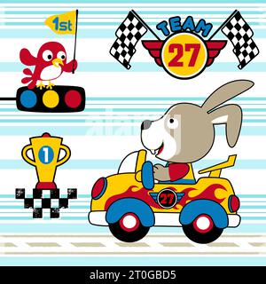 Lapin sur la voiture de course, oiseau mignon tenant le drapeau sur la lumière de course, élément de course de voiture sur fond rayé, illustration de dessin animé vectoriel Illustration de Vecteur