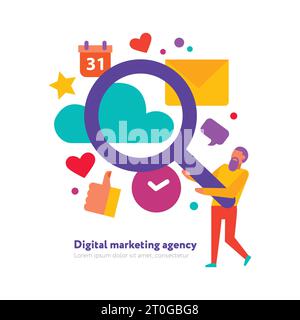 Agence de marketing numérique recherche de concept de décisions créatives icônes de réseautage social et illustration de vecteur de promotion d'email Illustration de Vecteur