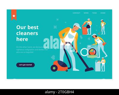 Le personnel du service de nettoyage pendant les travaux ménagers bannière Web sur fond turquoise illustration vectorielle plate Illustration de Vecteur