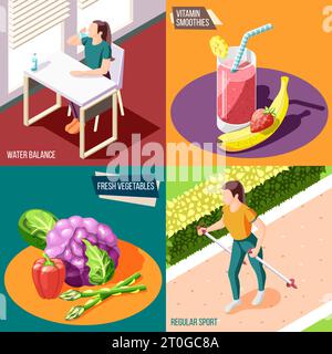 Style de vie sain 2x2 design concept ensemble de l'équilibre de l'eau légumes frais vitamines smoothies sport régulier carré icônes illustration isométrique vecteur Illustration de Vecteur