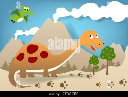 fictif, sentier, élément, dinosaure, extérieur, actif, activité, animaux, art, adorable, animal, fond, brontosaurus, dessin animé, personnage, chil Illustration de Vecteur