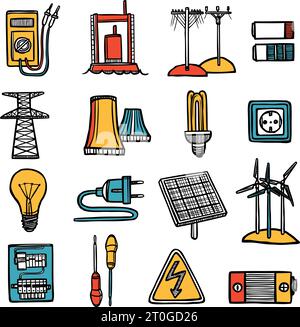 Énergie électrique et appareils électriques outils et symbole plat couleur Doodle icône ensemble isolé illustration vectorielle Illustration de Vecteur