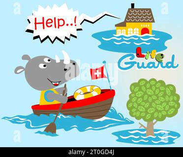 Mignon rhinocéros le sauveteur sur le bateau dans le sauvetage, illustration de dessin animé vectoriel Illustration de Vecteur