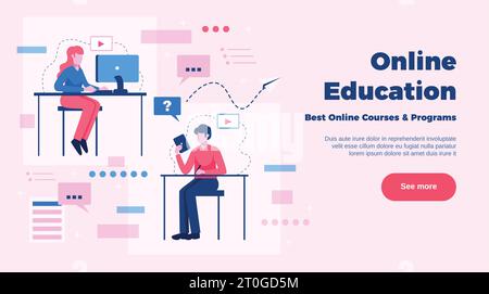 Conception de page de site Web d'éducation en ligne avec des cours en ligne et des symboles de programmes illustration vectorielle plate Illustration de Vecteur