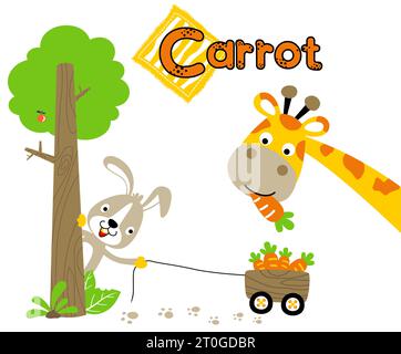 Girafe drôle mangeant des carottes, lapin mignon dans l'arbre tirant des carottes avec le chariot, illustration de dessin animé vectoriel Illustration de Vecteur