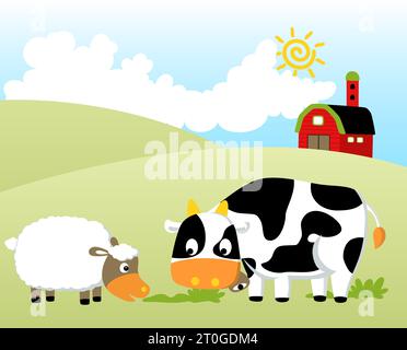 Animaux de ferme drôles dans le champ de ferme, illustration de dessin animé vectoriel Illustration de Vecteur