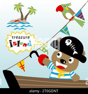 Ours mignon en costume de pirate avec perroquet sur le navire, éléments pirates, illustration de dessin animé vectoriel Illustration de Vecteur