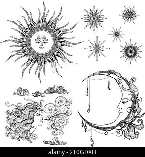 Le soleil de style conte de fées lune et le vent des symboles antropomorphiques ensemble des illustrations vectorielles isolées Illustration de Vecteur