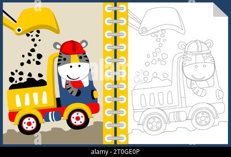 Dessin animé vectoriel de zèbre mignon sur camion à benne basculante avec chargeuse-pelleteuse, livre de coloriage ou page Illustration de Vecteur