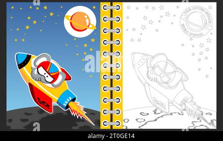 Éléphant mignon sur vaisseau fusée dans l'espace, livre de coloriage ou page, illustration de dessin animé vectoriel Illustration de Vecteur