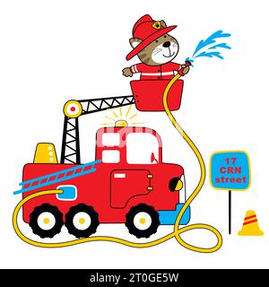 Chat drôle pulvérisant de l'eau du camion de pompiers, illustration de dessin animé vectoriel Illustration de Vecteur