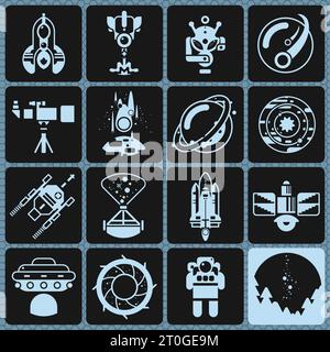 Icônes de l'espace ensemble monochrome avec une fusée extraterrestre comète télescope illustration vectorielle isolée Illustration de Vecteur