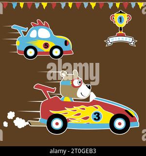 Ours mignon dans la course de voiture avec trophée, illustration de dessin animé vectoriel Illustration de Vecteur