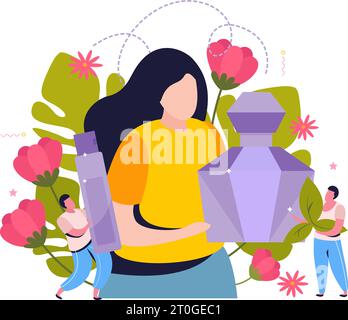 Parfum fond plat avec composition de caractères humains sans visage avec des fleurs et des pots brillants d'illustration vectorielle de parfumerie Illustration de Vecteur