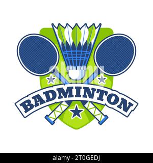 Logo de badminton design dans des couleurs vertes et bleues avec deux raquettes croisées volant et étoiles illustration vectorielle plate Illustration de Vecteur