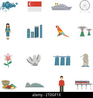 Les meilleures attractions touristiques de singapour et les symboles culturels nationaux plate icônes ensemble abstrait vecteur isolé illustration Illustration de Vecteur