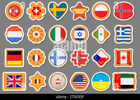 Ensemble de biscuit maison avec drapeau pays monde dans savoureux biscuit, biscuit consiste de signe pays monde sur le biscuit naturel, biscuit frais avec Illustration de Vecteur