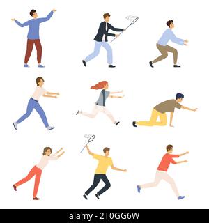 Isolé attraper les gens icône plate définir différentes personnes courant après quelque chose avec leurs bras tendus avec des pièges tombant à leurs genoux vecteur Illustration de Vecteur