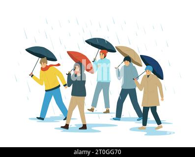 Mauvais temps gens plat concept habillé chaudement les gens marchant sous des parapluies dans l'illustration vectorielle de temps pluvieux Illustration de Vecteur