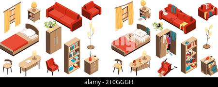 Ensemble de comparaison isométrique de salle sale et propre des éléments intérieurs avant et après le nettoyage de l'illustration vectorielle isolée Illustration de Vecteur