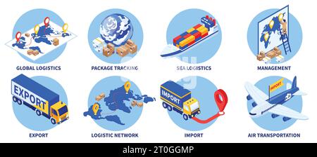 Importation d'exportation isométrique ensemble de compositions de cercles avec légendes de texte véhicules de cargaison logistique points de destination illustration vectorielle Illustration de Vecteur