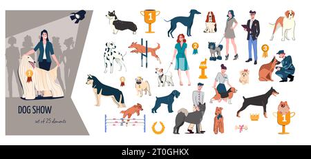 La composition colorée plate d'exposition de chien avec des races de chien récompense les propriétaires avec l'illustration vectorielle d'animaux de compagnie Illustration de Vecteur