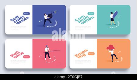 Soft skills bannières colorées horizontales isométriques ensemble avec confiance en soi patience communication et empathie illustration vectorielle isolée Illustration de Vecteur