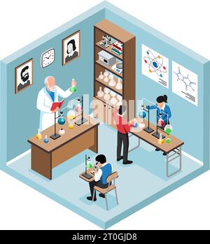 Objet isométrique intérieur de salle de classe de chimie avec l'enseignant et les élèves menant des expériences isolées sur fond blanc illustration vectorielle Illustration de Vecteur