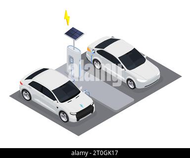 Concept isométrique de transport électromobile avec des voitures électriques chargeant avec illustration vectorielle de panneau solaire Illustration de Vecteur