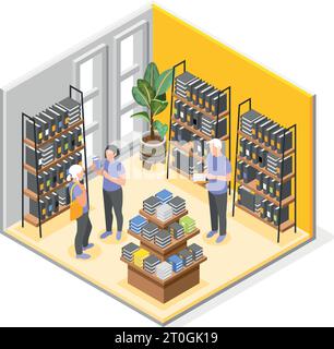 Composition isométrique intérieure de librairie avec assistant de magasin aidant les clients à choisir la littérature illustration vectorielle 3D. Illustration de Vecteur