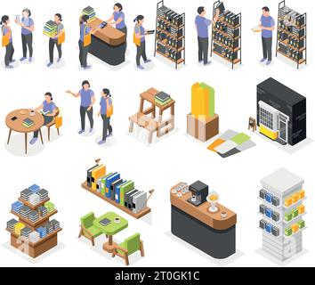 Éléments intérieurs de librairie les clients et les assistants de magasin icônes isométriques ensemble isolé illustration vectorielle 3D. Illustration de Vecteur