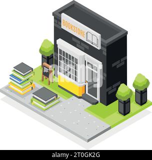 Composition isométrique de librairie avec bâtiment de librairie et piles de livres illustration vectorielle 3D. Illustration de Vecteur